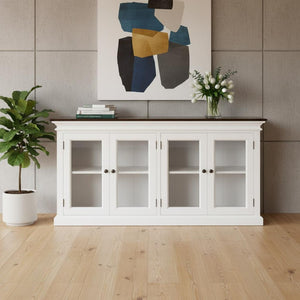 HomeRoots 67" Antiqued White Solid Wood Buffet Table with Glass Doors - Timeless Farmhouse Storage Solution 523201