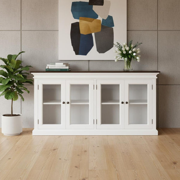 HomeRoots 67" Antiqued White Solid Wood Buffet Table with Glass Doors - Timeless Farmhouse Storage Solution 523201