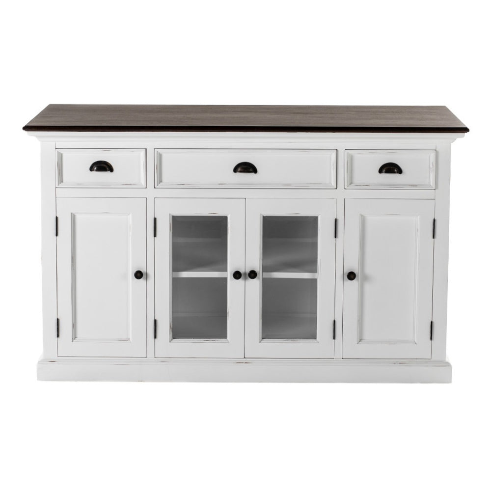 HomeRoots 60" White and Black Buffet Cabinet - Solid Wood Three Drawer Sideboard with Glass Doors for Stylish Storage 523203
