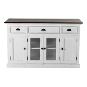 HomeRoots 60" White and Black Buffet Cabinet - Solid Wood Three Drawer Sideboard with Glass Doors for Stylish Storage 523203