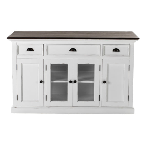 HomeRoots 60" White and Black Buffet Cabinet - Solid Wood Three Drawer Sideboard with Glass Doors for Stylish Storage 523203