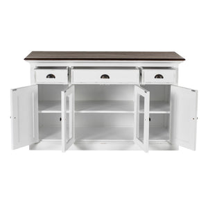 HomeRoots 60" White and Black Buffet Cabinet - Solid Wood Three Drawer Sideboard with Glass Doors for Stylish Storage 523203