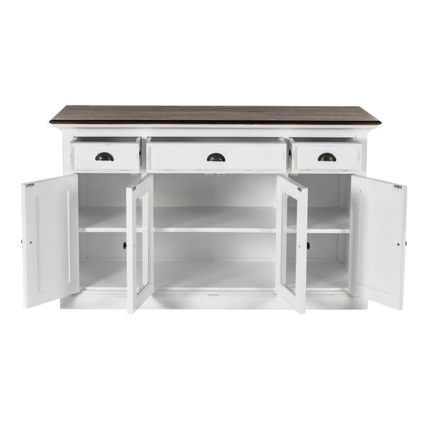 HomeRoots 60" White and Black Buffet Cabinet - Solid Wood Three Drawer Sideboard with Glass Doors for Stylish Storage 523203