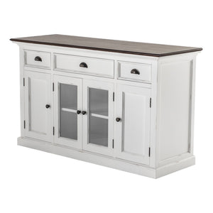 HomeRoots 60" White and Black Buffet Cabinet - Solid Wood Three Drawer Sideboard with Glass Doors for Stylish Storage 523203