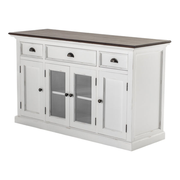 HomeRoots 60" White and Black Buffet Cabinet - Solid Wood Three Drawer Sideboard with Glass Doors for Stylish Storage 523203