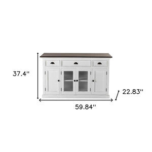 HomeRoots 60" White and Black Buffet Cabinet - Solid Wood Three Drawer Sideboard with Glass Doors for Stylish Storage 523203