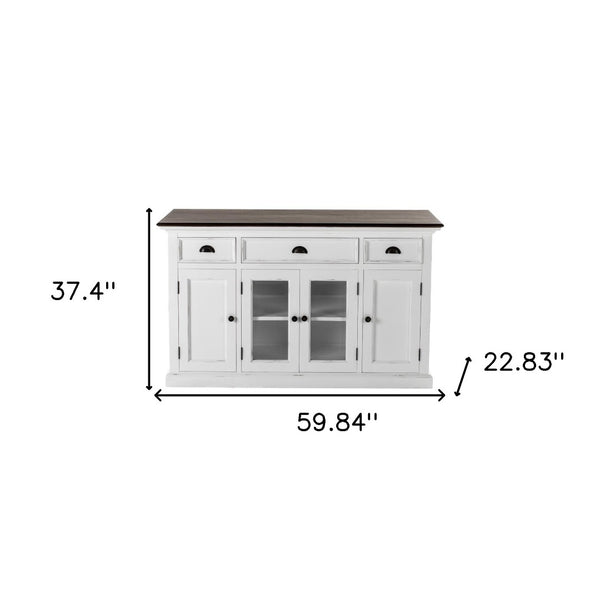 HomeRoots 60" White and Black Buffet Cabinet - Solid Wood Three Drawer Sideboard with Glass Doors for Stylish Storage 523203