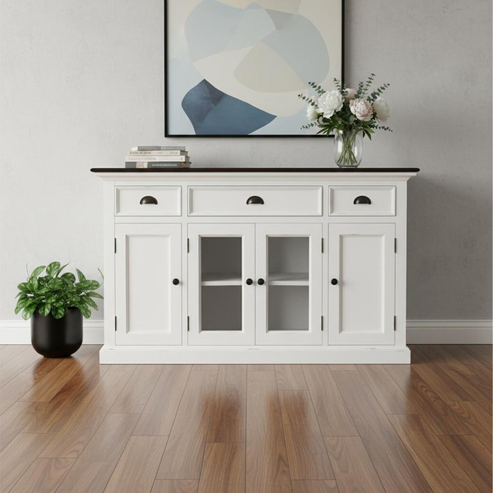 HomeRoots 60" White and Black Buffet Cabinet - Solid Wood Three Drawer Sideboard with Glass Doors for Stylish Storage 523203