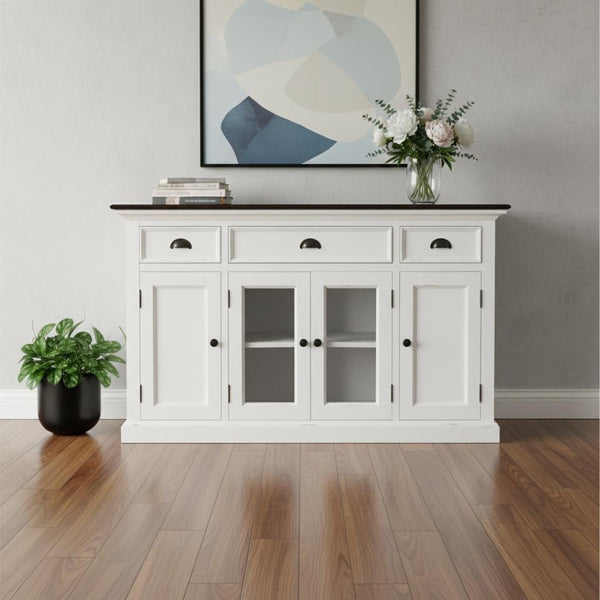 HomeRoots 60" White and Black Buffet Cabinet - Solid Wood Three Drawer Sideboard with Glass Doors for Stylish Storage 523203
