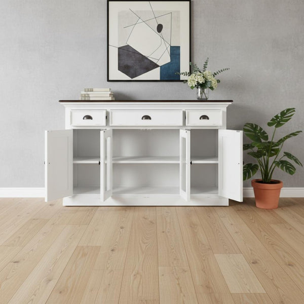 HomeRoots 60" White and Black Buffet Cabinet - Solid Wood Three Drawer Sideboard with Glass Doors for Stylish Storage 523203