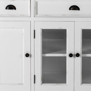 HomeRoots 60" White and Black Buffet Cabinet - Solid Wood Three Drawer Sideboard with Glass Doors for Stylish Storage 523203