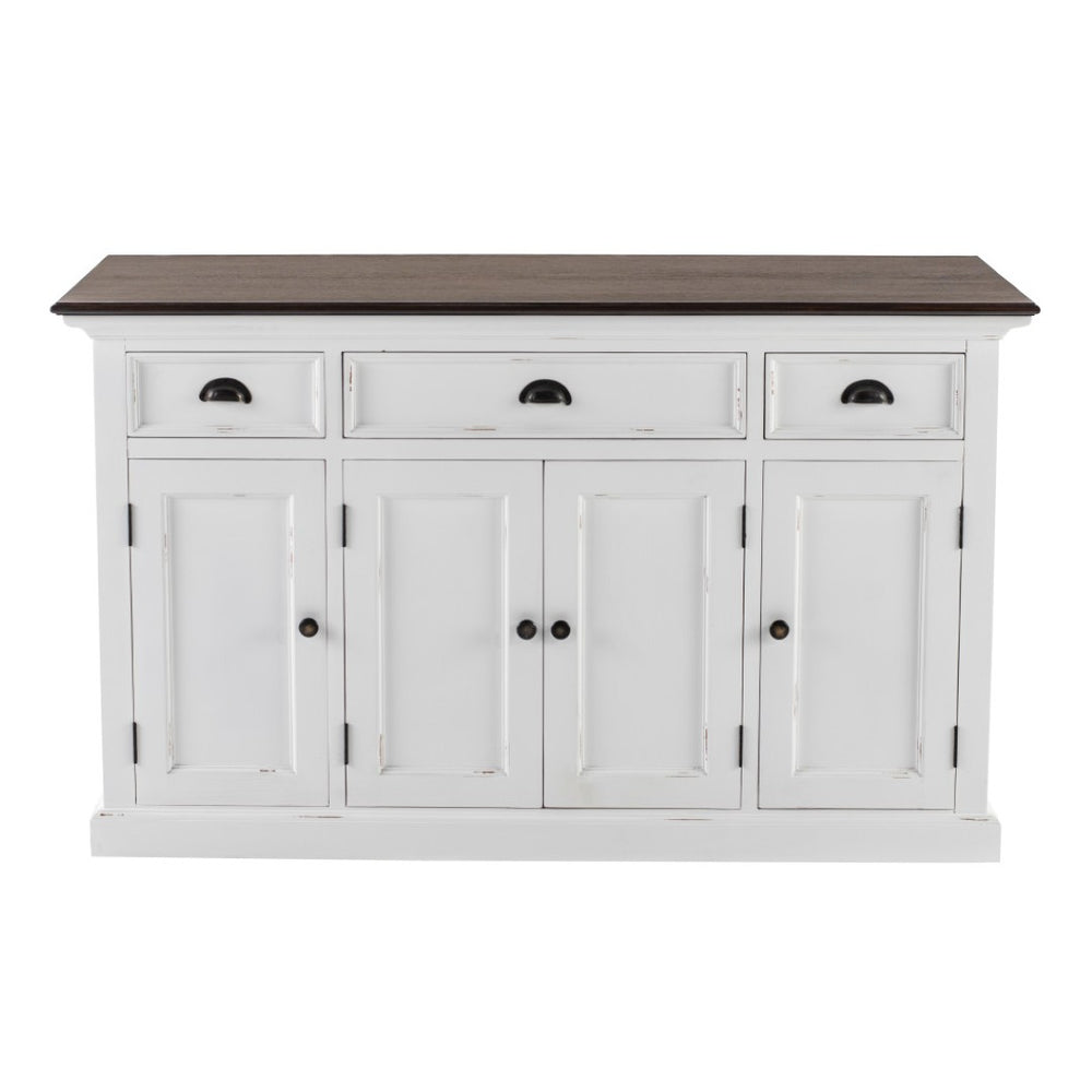 HomeRoots 60" Antiqued White and Brown Distressed Buffet Table with Glass Doors & Ample Storage for Any Room 523204