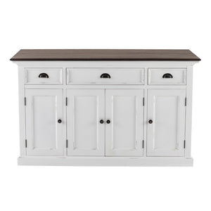 HomeRoots 60" Antiqued White and Brown Distressed Buffet Table with Glass Doors & Ample Storage for Any Room 523204