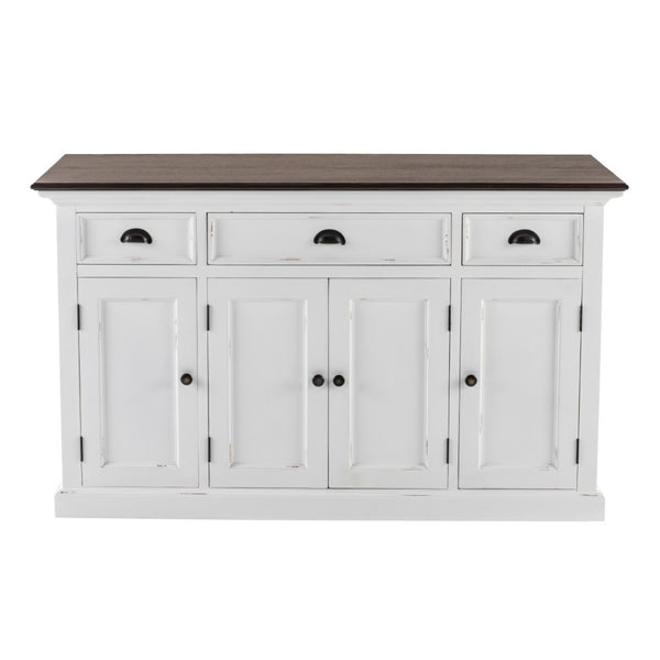 HomeRoots 60" Antiqued White and Brown Distressed Buffet Table with Glass Doors & Ample Storage for Any Room 523204