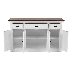 HomeRoots 60" Antiqued White and Brown Distressed Buffet Table with Glass Doors & Ample Storage for Any Room 523204