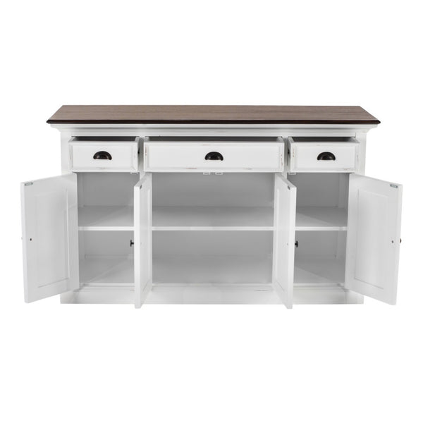 HomeRoots 60" Antiqued White and Brown Distressed Buffet Table with Glass Doors & Ample Storage for Any Room 523204