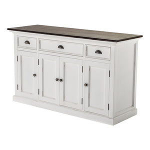 HomeRoots 60" Antiqued White and Brown Distressed Buffet Table with Glass Doors & Ample Storage for Any Room 523204