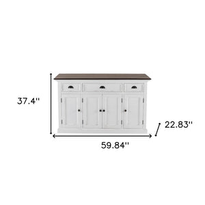 HomeRoots 60" Antiqued White and Brown Distressed Buffet Table with Glass Doors & Ample Storage for Any Room 523204
