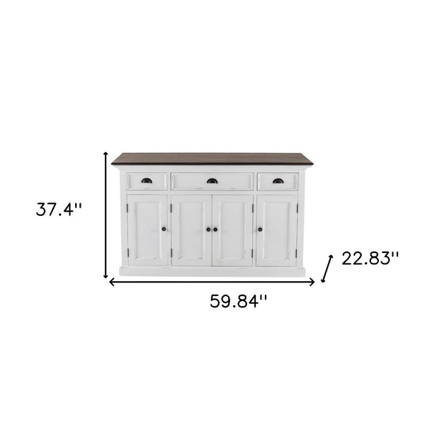 HomeRoots 60" Antiqued White and Brown Distressed Buffet Table with Glass Doors & Ample Storage for Any Room 523204