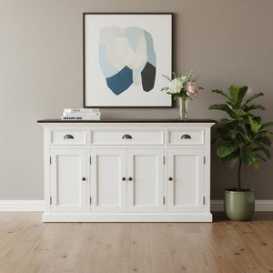 HomeRoots 60" Antiqued White and Brown Distressed Buffet Table with Glass Doors & Ample Storage for Any Room 523204