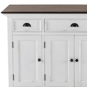 HomeRoots 60" Antiqued White and Brown Distressed Buffet Table with Glass Doors & Ample Storage for Any Room 523204