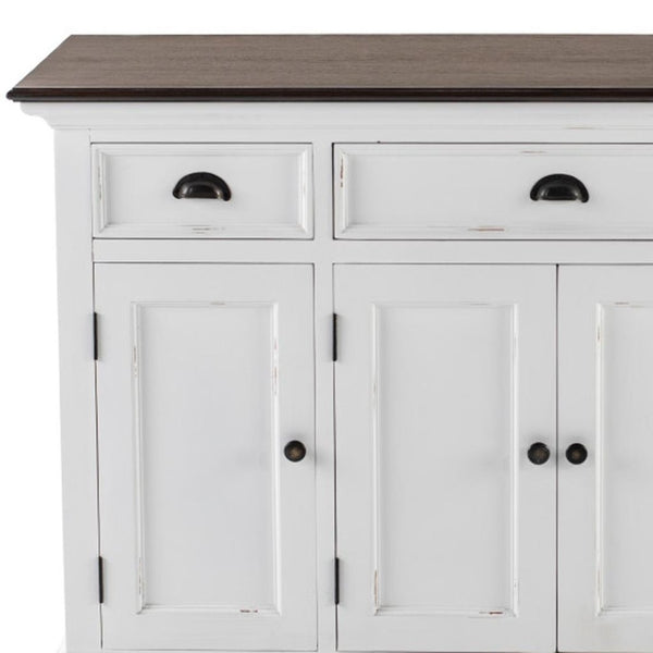 HomeRoots 60" Antiqued White and Brown Distressed Buffet Table with Glass Doors & Ample Storage for Any Room 523204