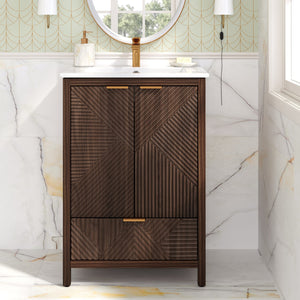 English Elm Christopher Knight Home® - 24 24-Inch Bathroom Vanity with Ceramic Sink, Textured Panels, Soft-Close Drawer & Large Storage Brown N817P339017B