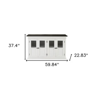 HomeRoots 60" Solid Wood Buffet Table - Stylish White & Black Sideboard with Glass Doors for Elegant Storage 523205