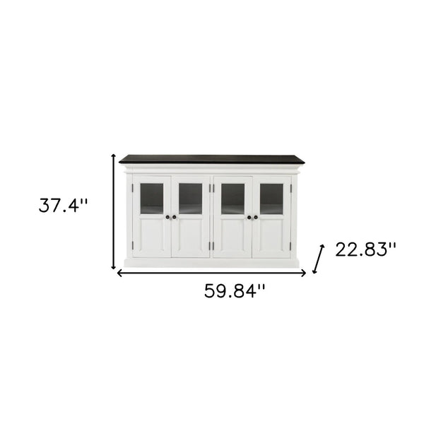 HomeRoots 60" Solid Wood Buffet Table - Stylish White & Black Sideboard with Glass Doors for Elegant Storage 523205