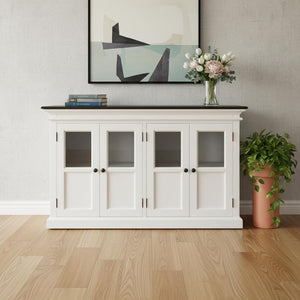 HomeRoots 60" Solid Wood Buffet Table - Stylish White & Black Sideboard with Glass Doors for Elegant Storage 523205