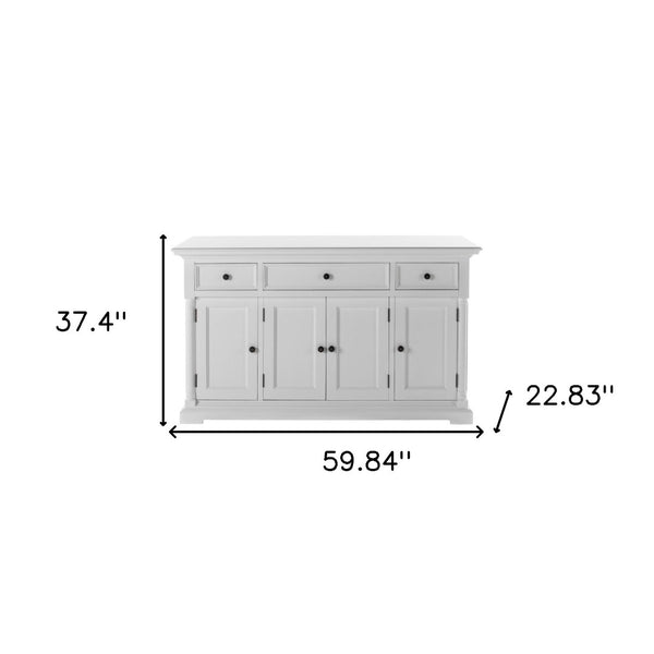 HomeRoots 60" Elegant White Solid Wood Buffet Table with Drawers & Doors for Stylish Storage Solutions 523207