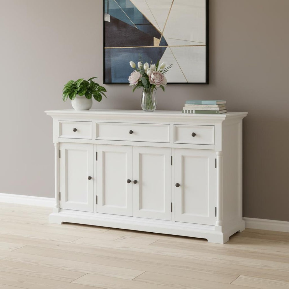 HomeRoots 60" Elegant White Solid Wood Buffet Table with Drawers & Doors for Stylish Storage Solutions 523207
