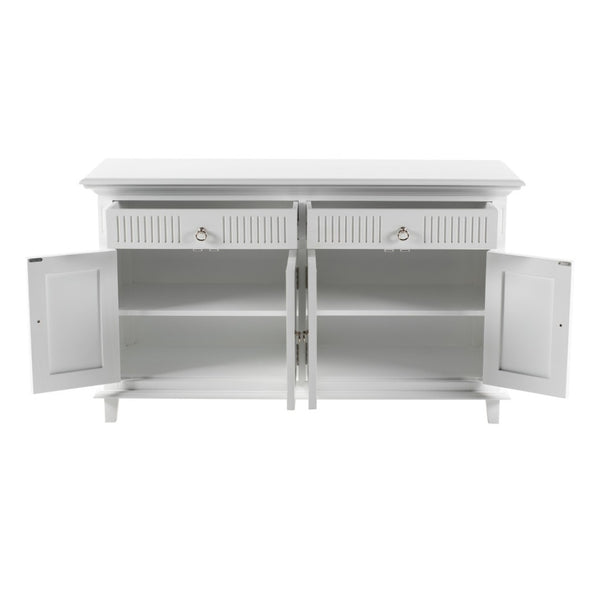 HomeRoots 59" White Solid Wood Buffet Cabinet with Two Drawers & Four Doors for Stylish Storage Solutions 523208
