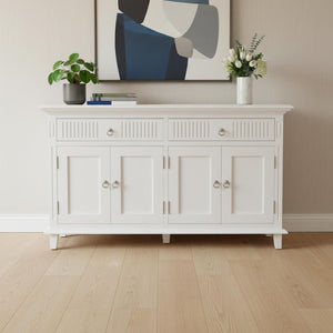 HomeRoots 59" White Solid Wood Buffet Cabinet with Two Drawers & Four Doors for Stylish Storage Solutions 523208