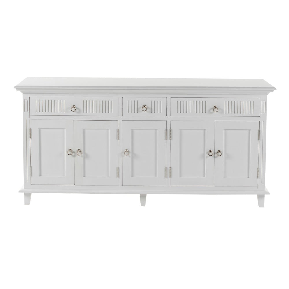HomeRoots 74" Antiqued White Solid Wood Buffet Table - Stylish Storage Solution with Drawers & Doors! 523209