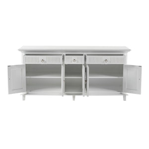 HomeRoots 74" Antiqued White Solid Wood Buffet Table - Stylish Storage Solution with Drawers & Doors! 523209