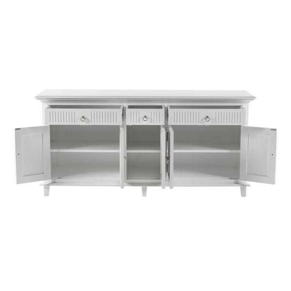 HomeRoots 74" Antiqued White Solid Wood Buffet Table - Stylish Storage Solution with Drawers & Doors! 523209