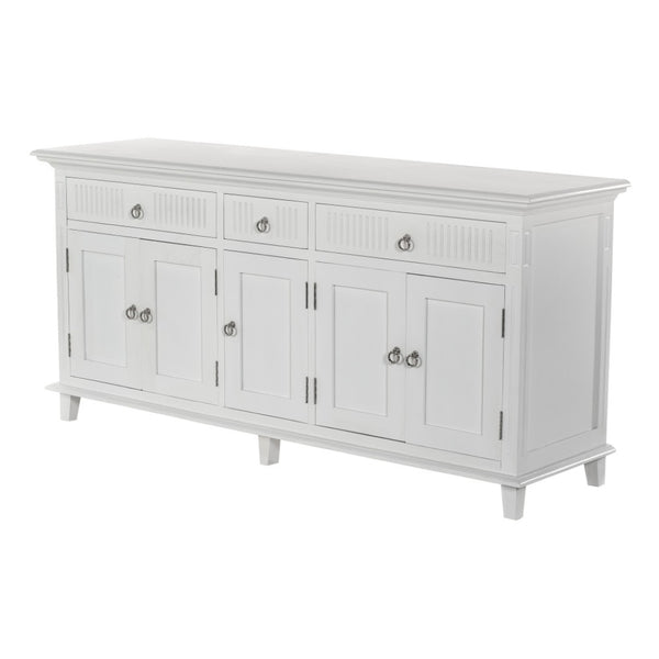 HomeRoots 74" Antiqued White Solid Wood Buffet Table - Stylish Storage Solution with Drawers & Doors! 523209