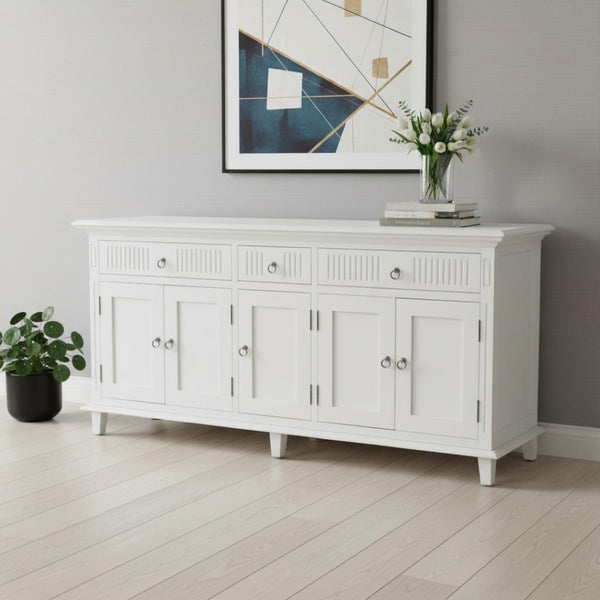 HomeRoots 74" Antiqued White Solid Wood Buffet Table - Stylish Storage Solution with Drawers & Doors! 523209