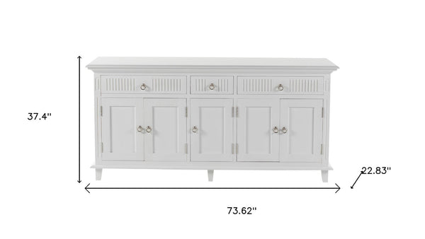 HomeRoots 74" Antiqued White Solid Wood Buffet Table - Stylish Storage Solution with Drawers & Doors! 523209