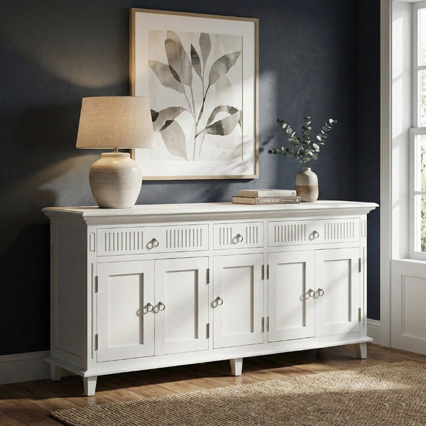 HomeRoots 74" Antiqued White Solid Wood Buffet Table - Stylish Storage Solution with Drawers & Doors! 523209