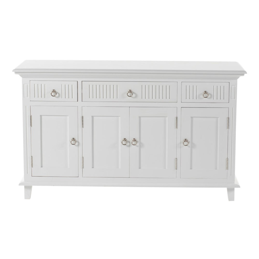 HomeRoots 59" Elegant White Solid Wood Buffet Table with 3 Drawers & 4 Doors for Stylish Home Organization 523210