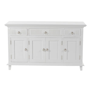 HomeRoots 59" Elegant White Solid Wood Buffet Table with 3 Drawers & 4 Doors for Stylish Home Organization 523210