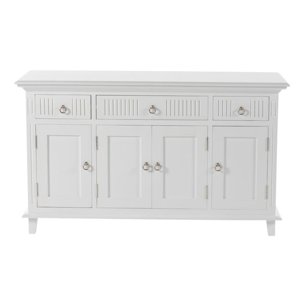 HomeRoots 59" Elegant White Solid Wood Buffet Table with 3 Drawers & 4 Doors for Stylish Home Organization 523210