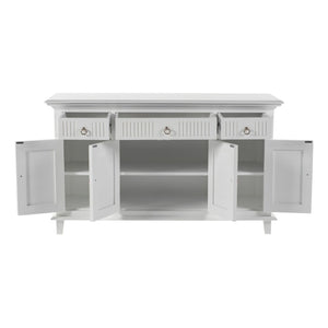 HomeRoots 59" Elegant White Solid Wood Buffet Table with 3 Drawers & 4 Doors for Stylish Home Organization 523210