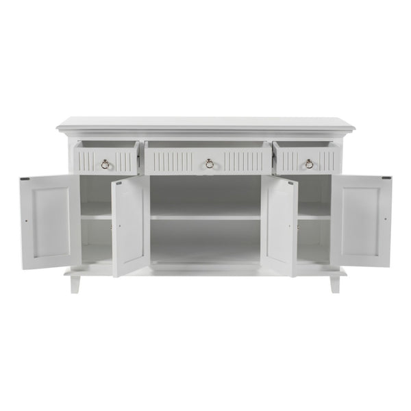 HomeRoots 59" Elegant White Solid Wood Buffet Table with 3 Drawers & 4 Doors for Stylish Home Organization 523210