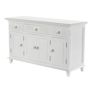 HomeRoots 59" Elegant White Solid Wood Buffet Table with 3 Drawers & 4 Doors for Stylish Home Organization 523210