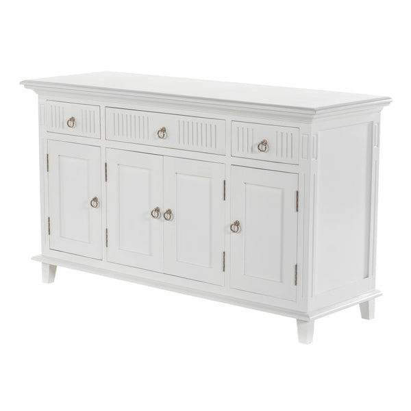 HomeRoots 59" Elegant White Solid Wood Buffet Table with 3 Drawers & 4 Doors for Stylish Home Organization 523210