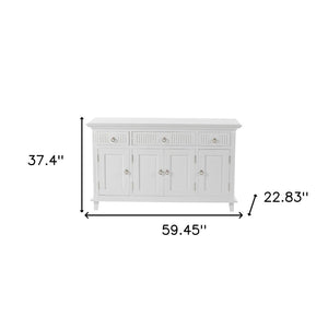 HomeRoots 59" Elegant White Solid Wood Buffet Table with 3 Drawers & 4 Doors for Stylish Home Organization 523210