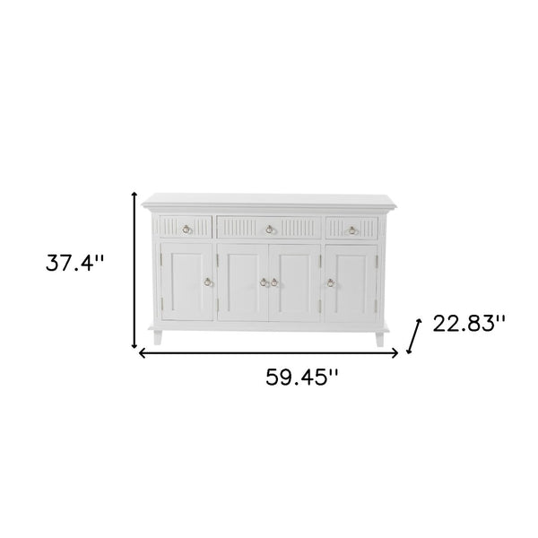 HomeRoots 59" Elegant White Solid Wood Buffet Table with 3 Drawers & 4 Doors for Stylish Home Organization 523210